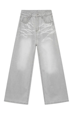 Gray bleached wash wide-leg denim jeans with a distressed pattern.