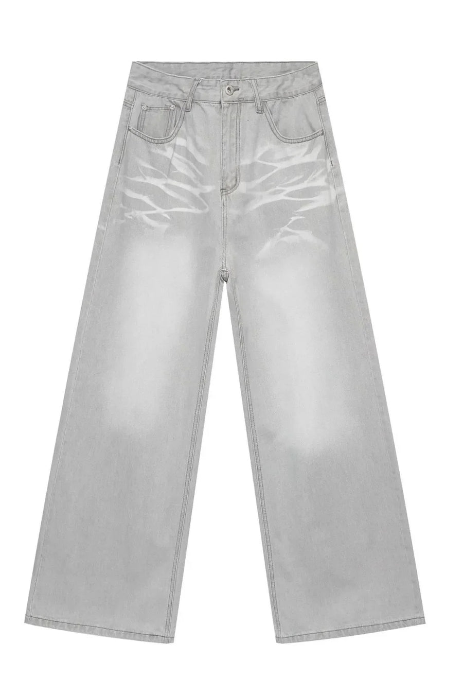 Gray bleached wash wide-leg denim jeans with a distressed pattern.