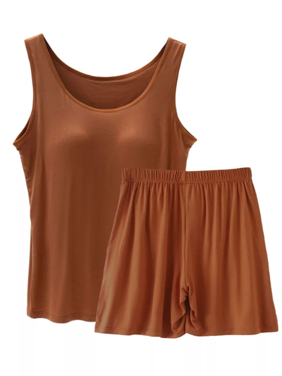 Caramel relaxed fit tank top and elastic waist shorts pajama set.