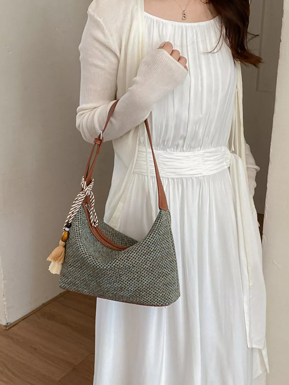 knit fabric Imported Size &amp shoulder bag in beige with curved silhouette