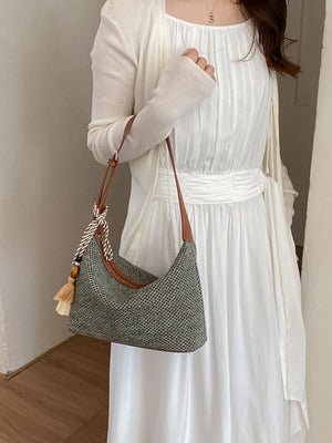 knit fabric Imported Size &amp shoulder bag in beige with curved silhouette