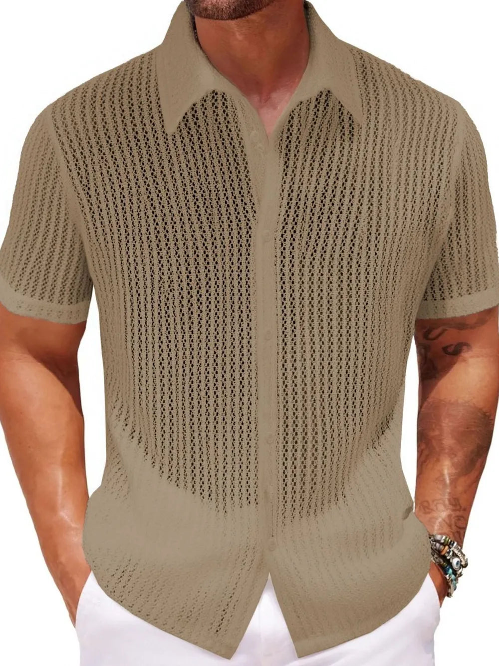 Taupe open-knit short-sleeve resort shirt with button-up front and collar.