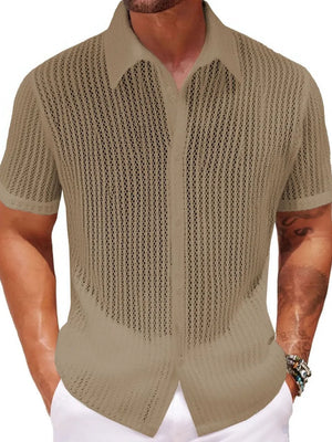 Taupe open-knit short-sleeve resort shirt with button-up front and collar.