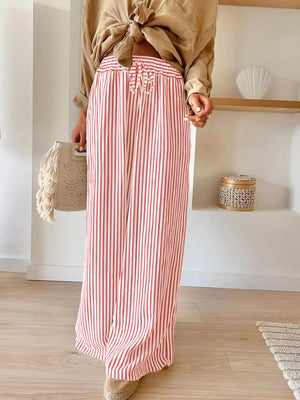 Grey wide-leg pants with drawstring and striped