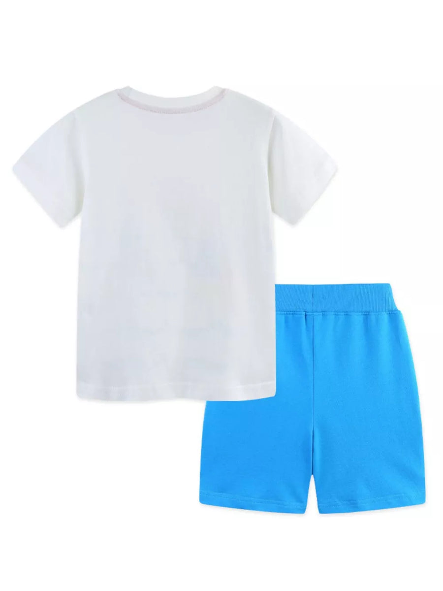 Toddler boys' white cotton tee and blue shorts set with fish print detail.