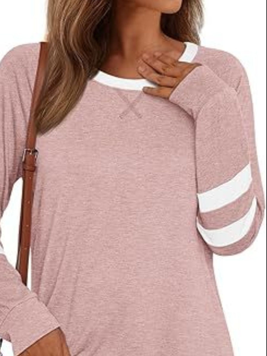 Heathered dusty pink long sleeve t-shirt with white striped sleeves and a white crew neck.