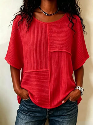 Army Green Full Size Texture Round Neck Half Sleeve Blouse