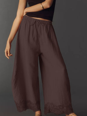 Elastic-Waist Pocketed Drawstring Wide Leg Pants in Yellow with drawstring