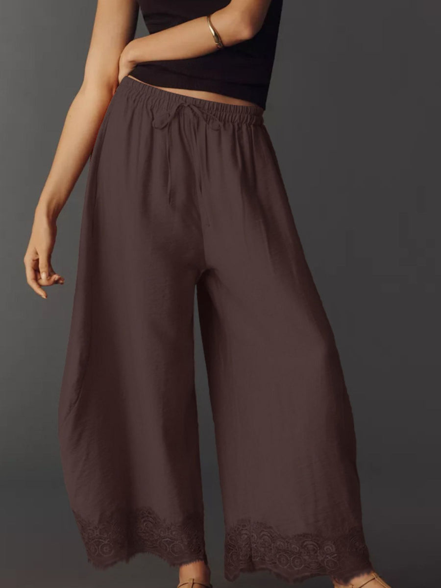 Elastic-Waist Pocketed Drawstring Wide Leg Pants in Yellow with drawstring
