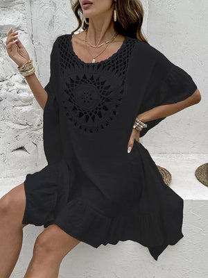 Black crochet trim cover-up dress with ruffled hem and short sleeves.