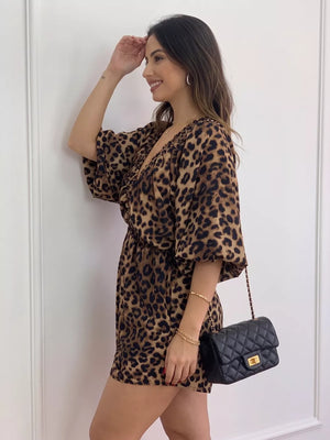 romper in black with leopard-print and ruffled
