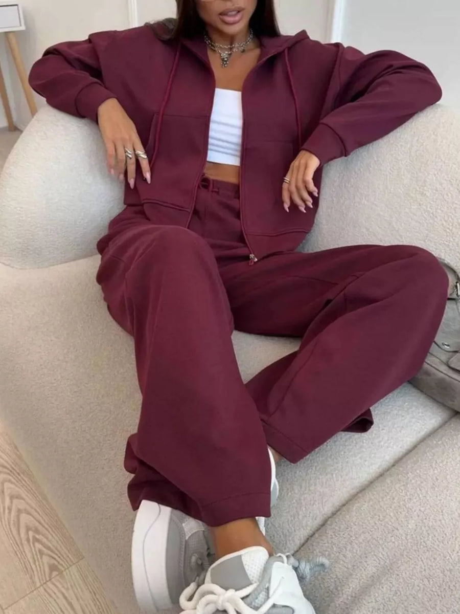 Zip-up Hoodie And Wide-leg Pants Set in Dark Gray with drawstring