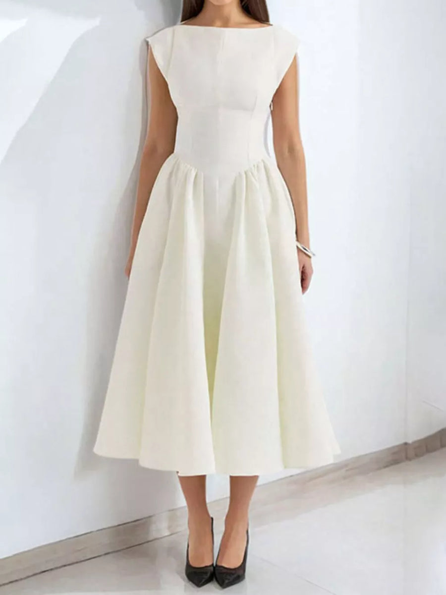 Elegant white cap sleeve A-line midi dress with boat neck and full skirt.