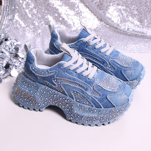 Blue denim platform sneakers with allover rhinestones and chunky soles.