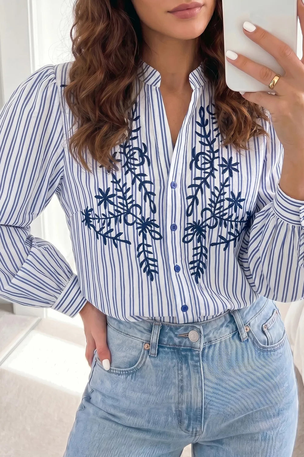Stripe Embroidered Button Front Long Sleeve Shirt