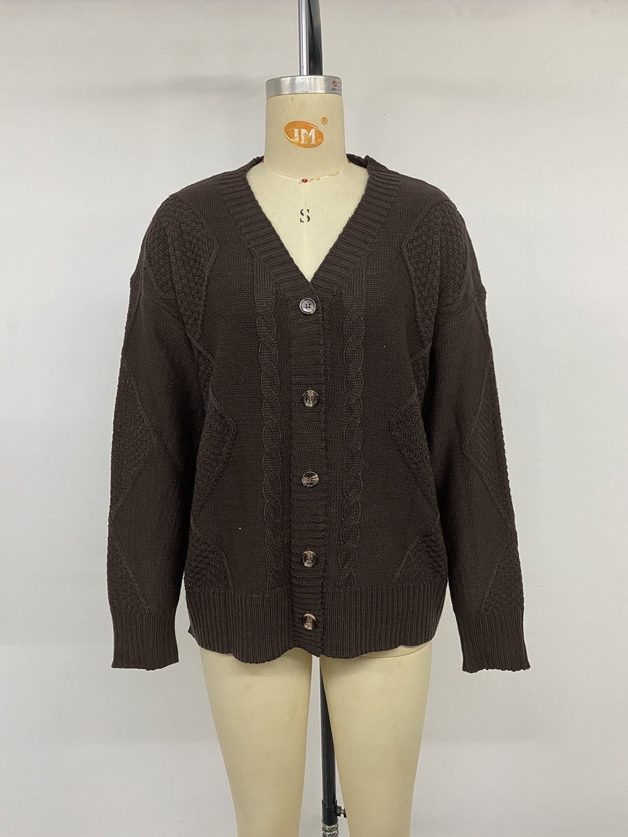 V-Neck Cable Knit Button-Down Cardigan in Coffee Brown with cable-knit
