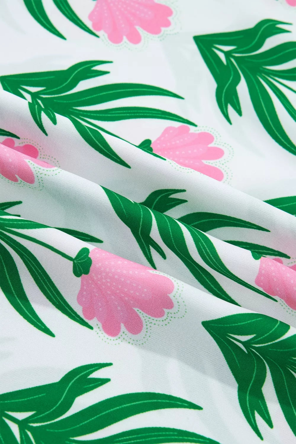White polyester blouse with pink floral and green leaf print