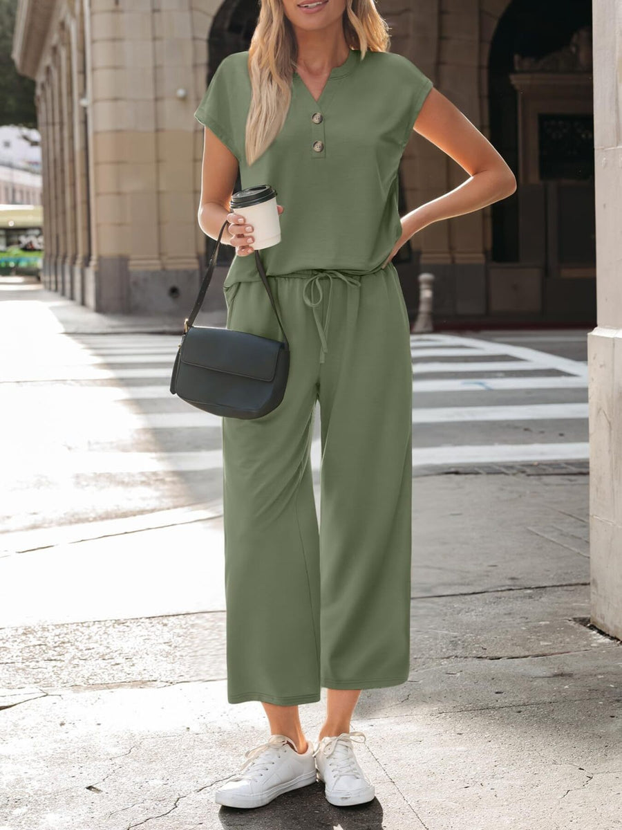 Army green notched V-neck top and drawstring wide-leg pants set with button detail
