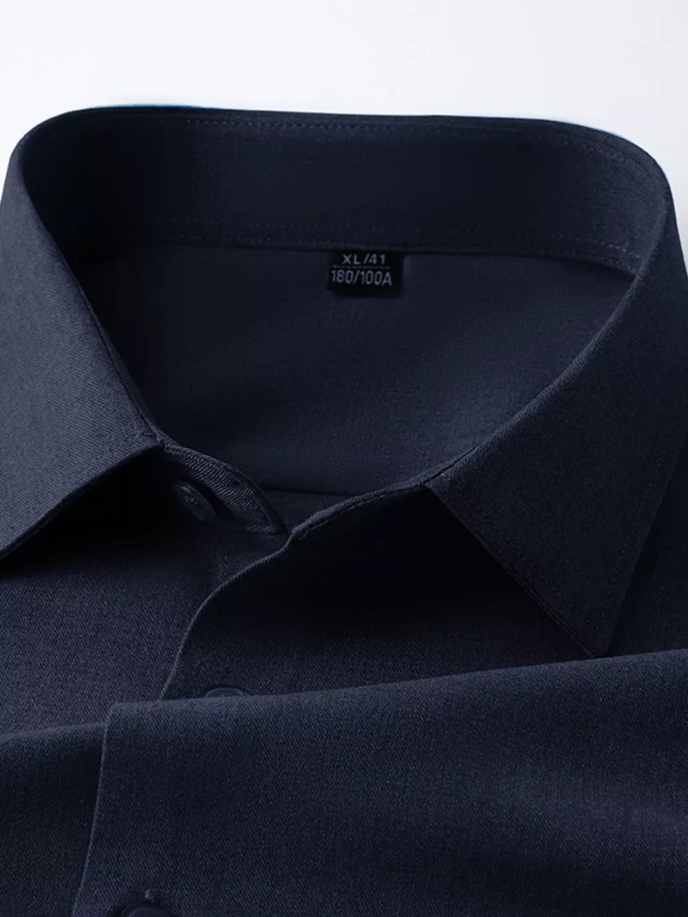 Navy long sleeve men's dress shirt with button-down collar detail