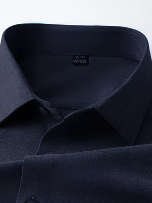 Navy long sleeve men's dress shirt with button-down collar detail