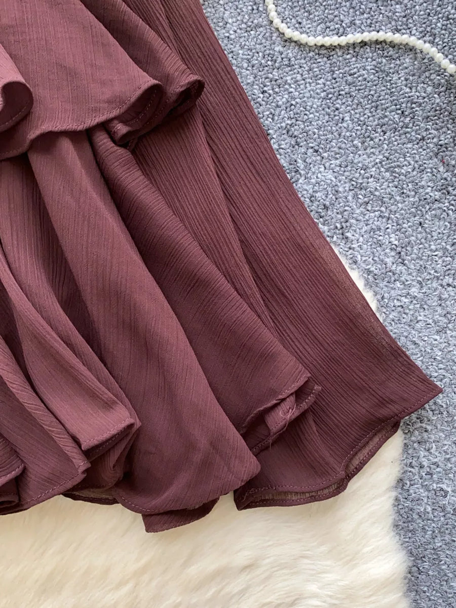 Brown chiffon tiered blouse with ruffled details