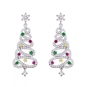 Silver Christmas tree dangle earrings with colorful gemstone accents and a star topper.