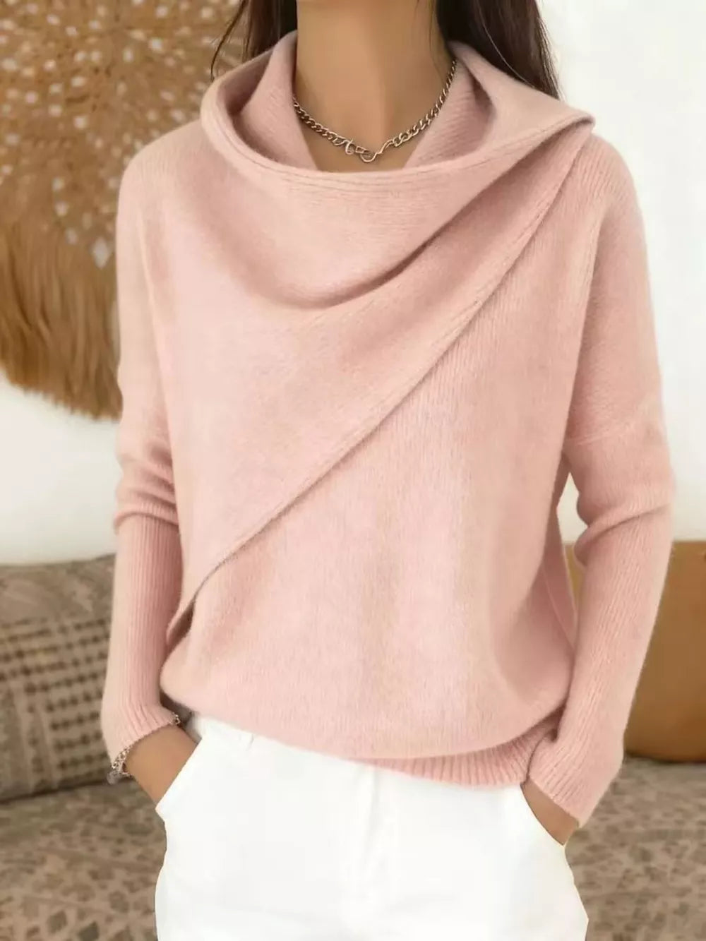 pullover sweater in Tan with plus-size and hip-length