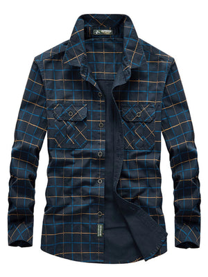 Plus-size casual long-sleeve shirt in black blue plaid with buttoned chest pockets.