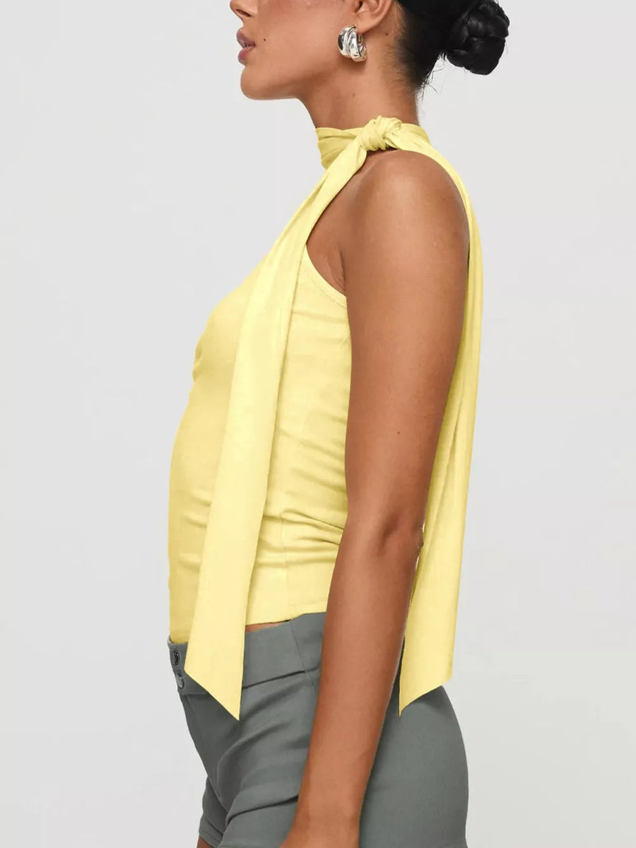 Yellow sleeveless halter top with tie detail