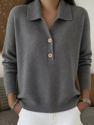 White Full Size Button Detail Long Sleeve Sweater