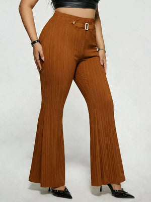 Ribbed high-waist flare trousers in caramel with a decorative buckle detail.