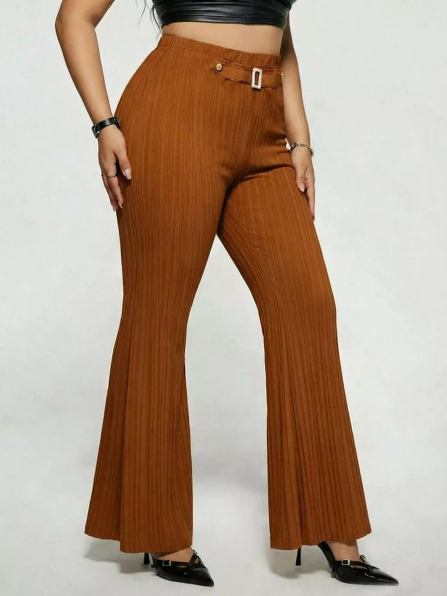Ribbed high-waist flare trousers in caramel with a decorative buckle detail.