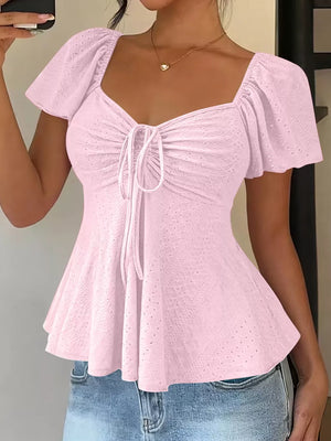White Ruched Flutter Sleeve Peplum Top