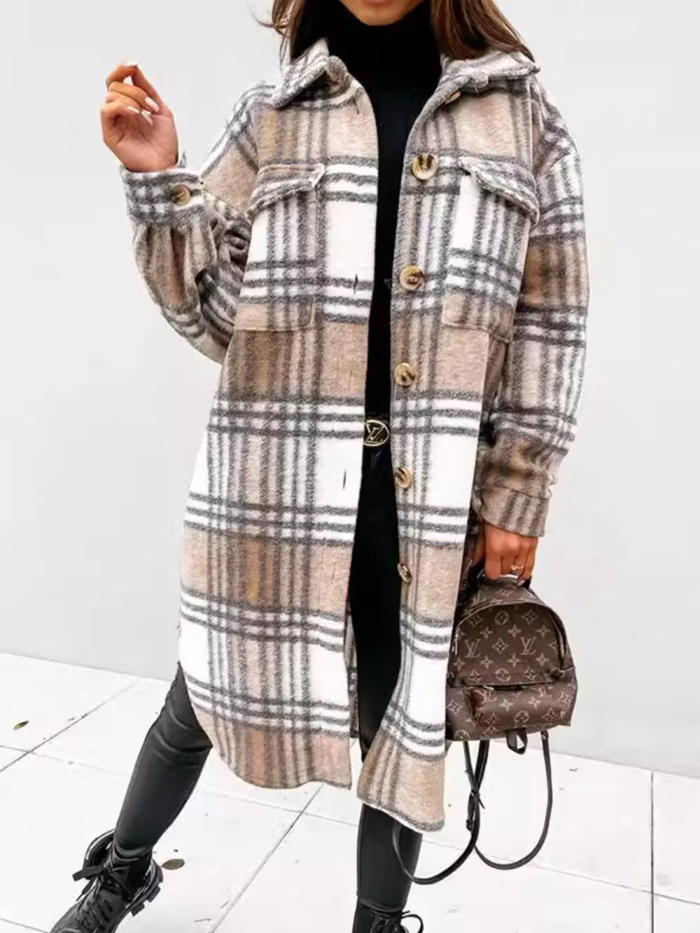 Longline Plaid Button Up Coat in brown