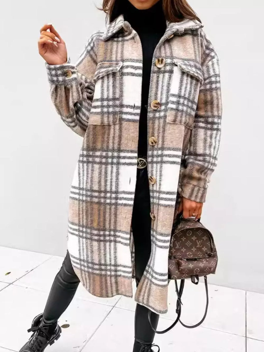 Longline Plaid Button Up Coat in brown