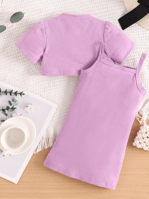 Toddler violet crop top with puff sleeves and spaghetti strap dress, cotton blend.