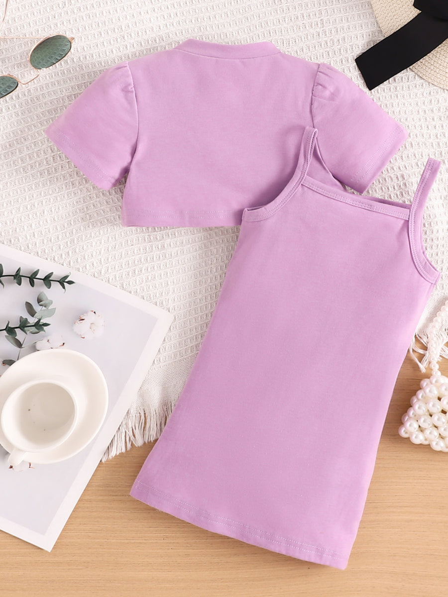 Toddler violet crop top with puff sleeves and spaghetti strap dress, cotton blend.