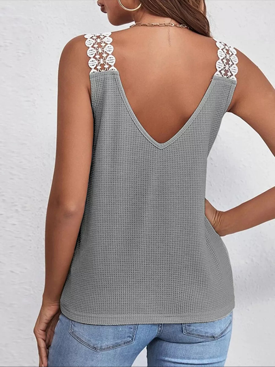 Beige with Lace Trim V-neck Tank Top