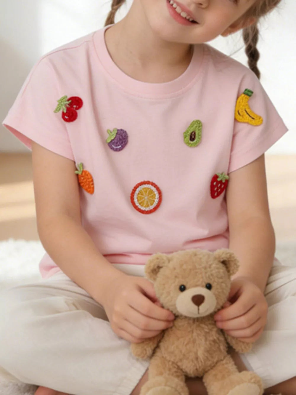 Pink cotton t-shirt with colorful fruit appliques for toddlers