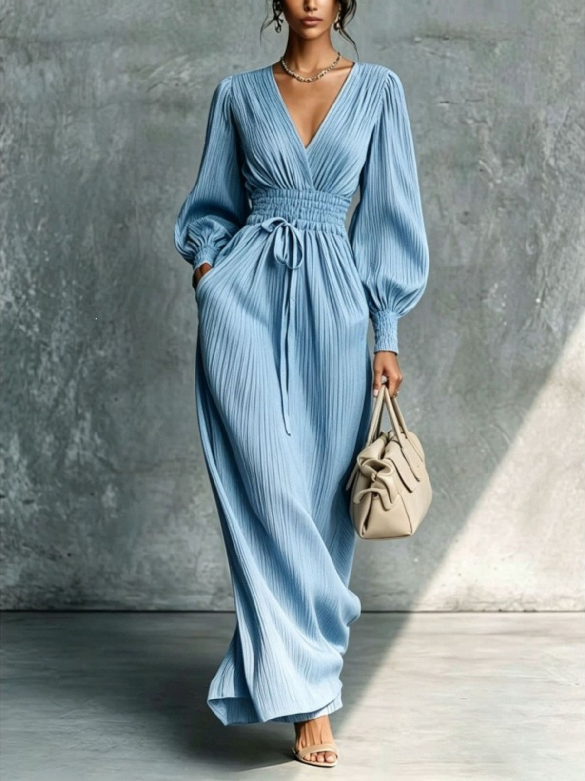 cream maxi dress with pocketed and lantern sleeve