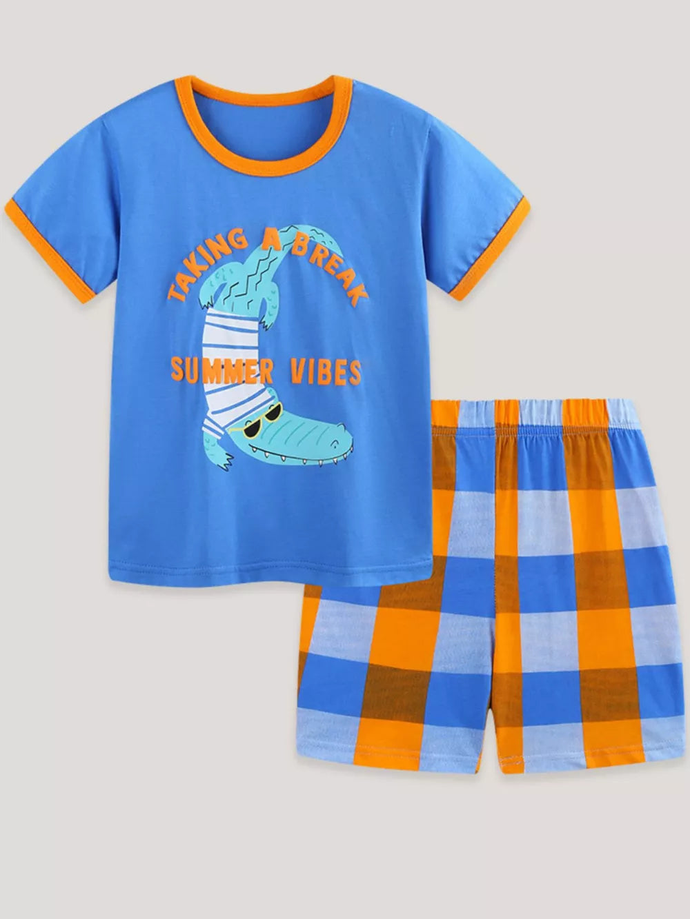 Blue cotton graphic tee and plaid shorts set with crocodile print and text.