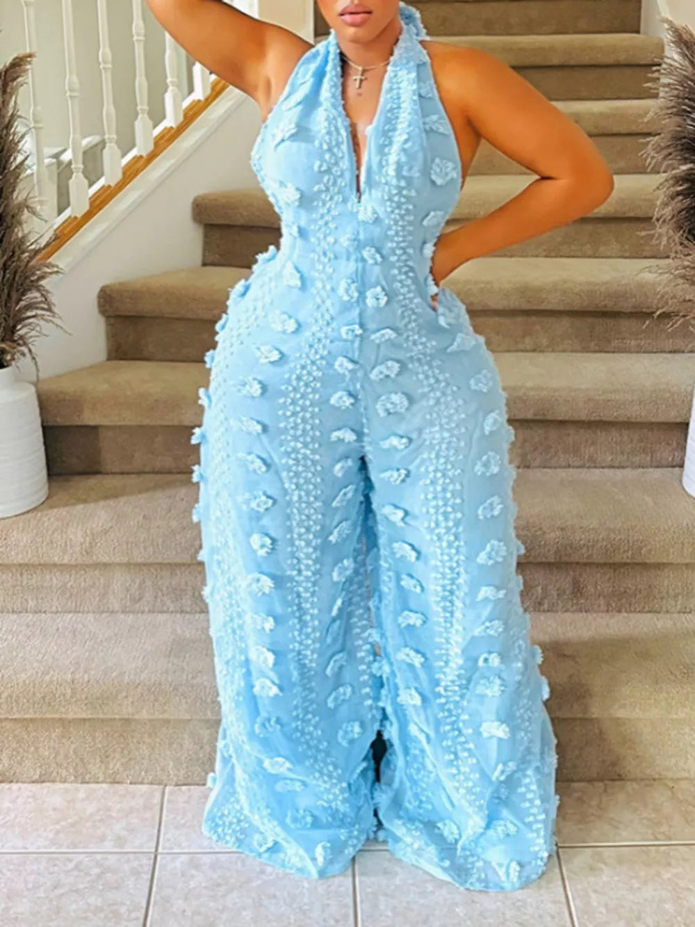 Blue Textured Halter Wide-leg Jumpsuit
