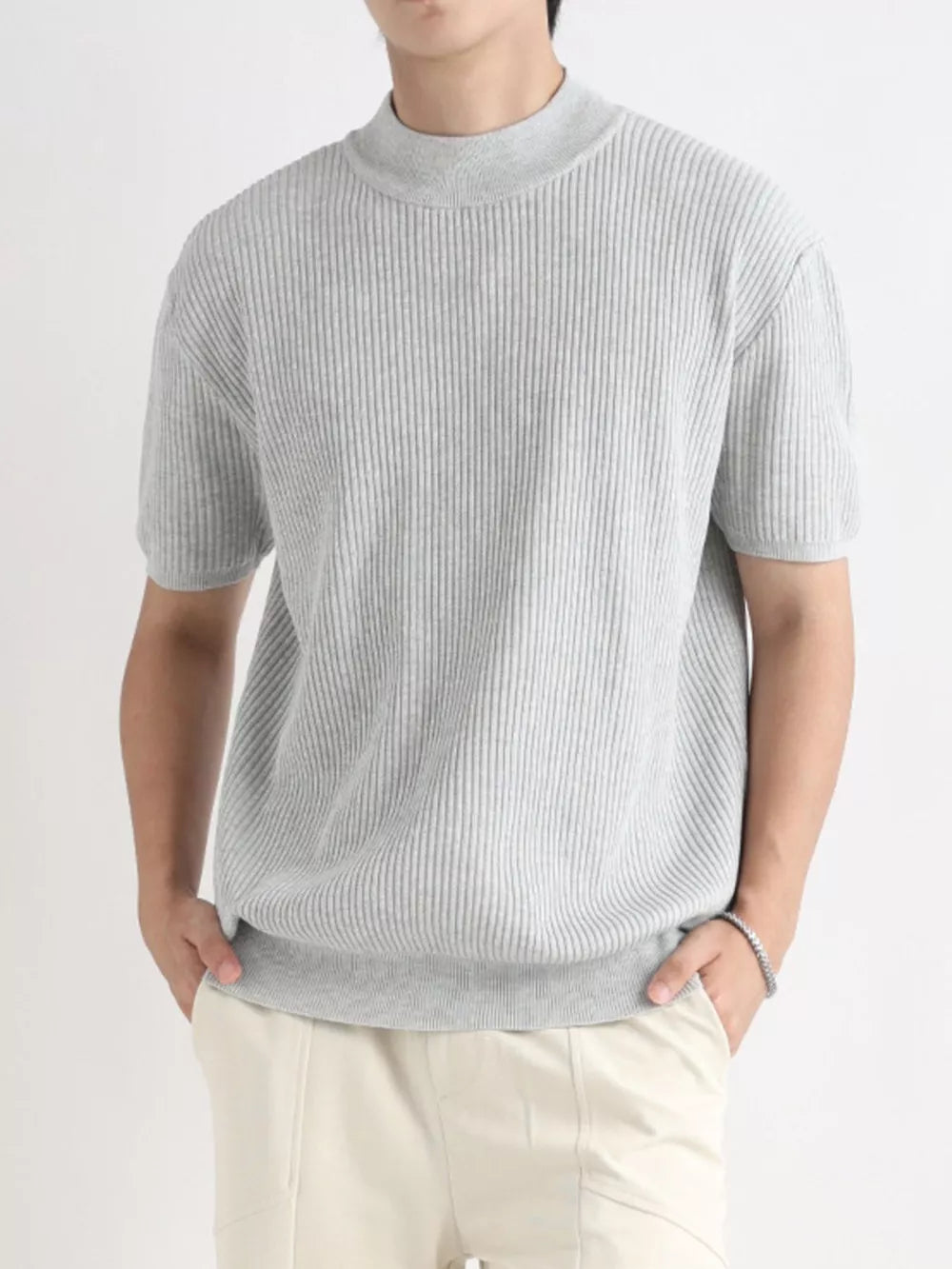 Light gray ribbed knit mock neck men's t-shirt with short sleeves.