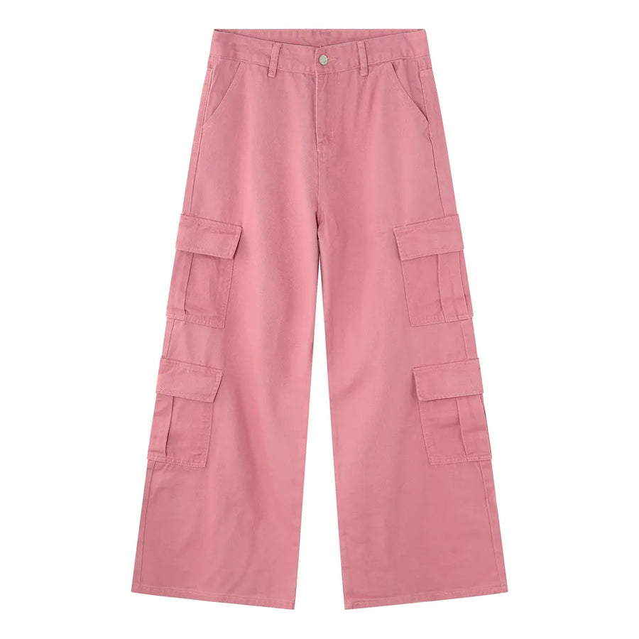 Oversized dusty pink cargo palazzo trousers with button front and multiple pockets.