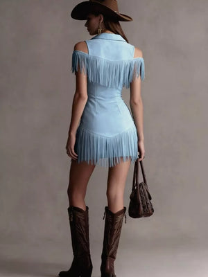 Light blue cold shoulder mini dress with fringe detail and a collared neckline.