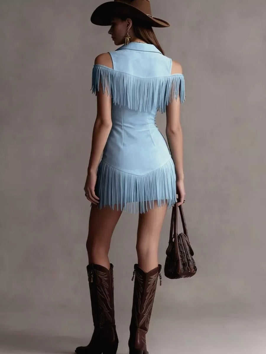 Light blue cold shoulder mini dress with fringe detail and a collared neckline.