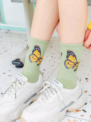 Butterfly Print Crew Socks in Green with elastic cuff