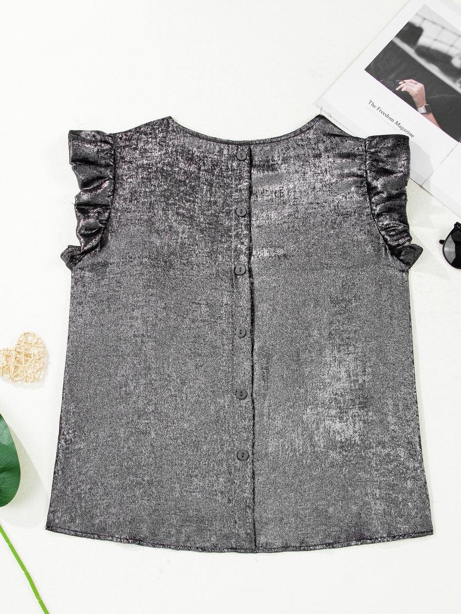 Elegant silver ruffled neck tank top with button front and cap sleeves.