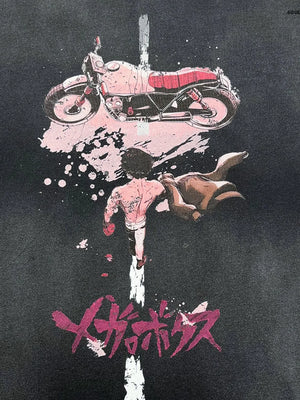 Black graphic tee with Akira motorcycle and character print