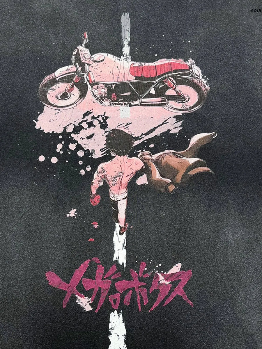 Black graphic tee with Akira motorcycle and character print